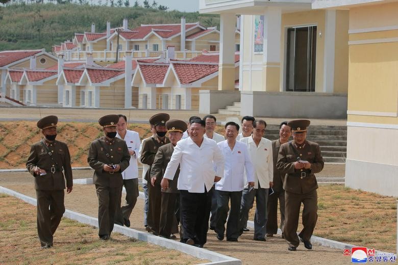 North Korea's leader Kim Jong Un inspects rebuilt Kangbuk-ri, Kumchon County, North Hwanghae Province, North Korea. KCNA via REUTERS  
